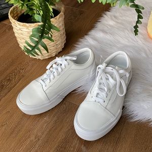 White leather platform low top vans